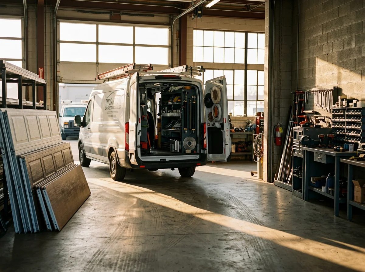 Professional garage door repair shop with tools and equipment ready for service calls.