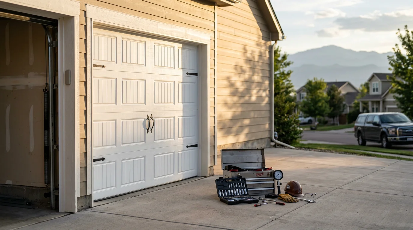 Garage door repair technician working on residential garage door in Colorado
