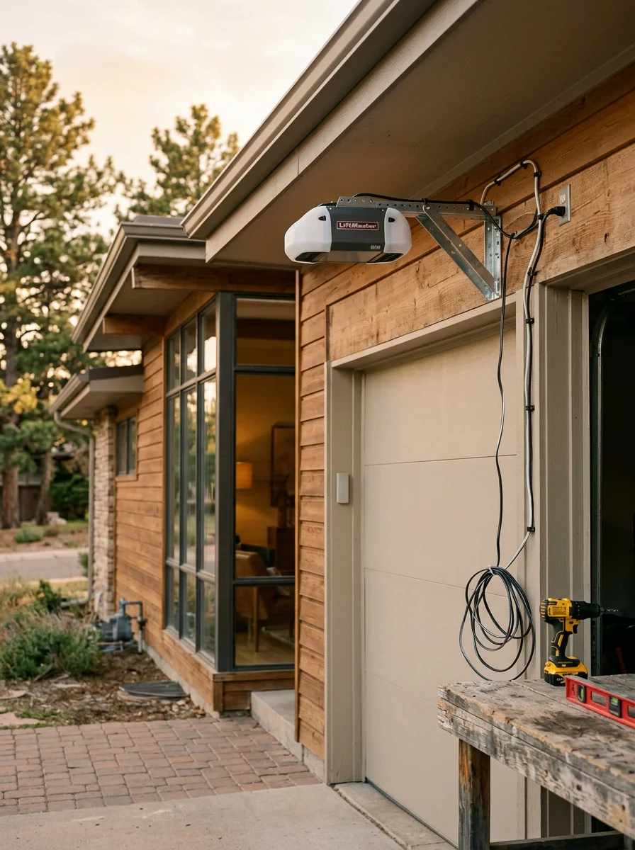 Garage door opener installation in an Arvada home with mid-century architecture