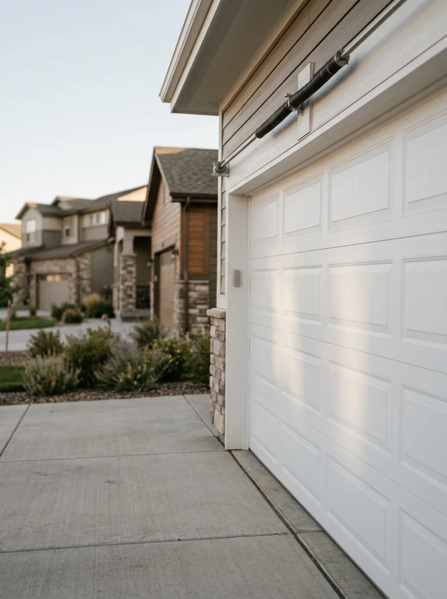 New two-car garage door installation on a master-planned community home in Brighton Crossings, showing a clean panel face and torsion spring hardware above the door.