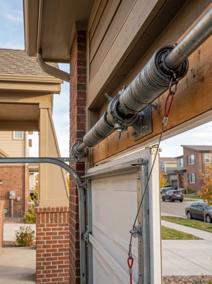 Technician performing garage door spring inspection on a newer home in Broomfield, Colorado