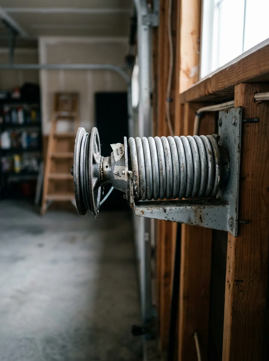 Garage door spring and cable system being inspected and maintained for winter weather in Erie, CO