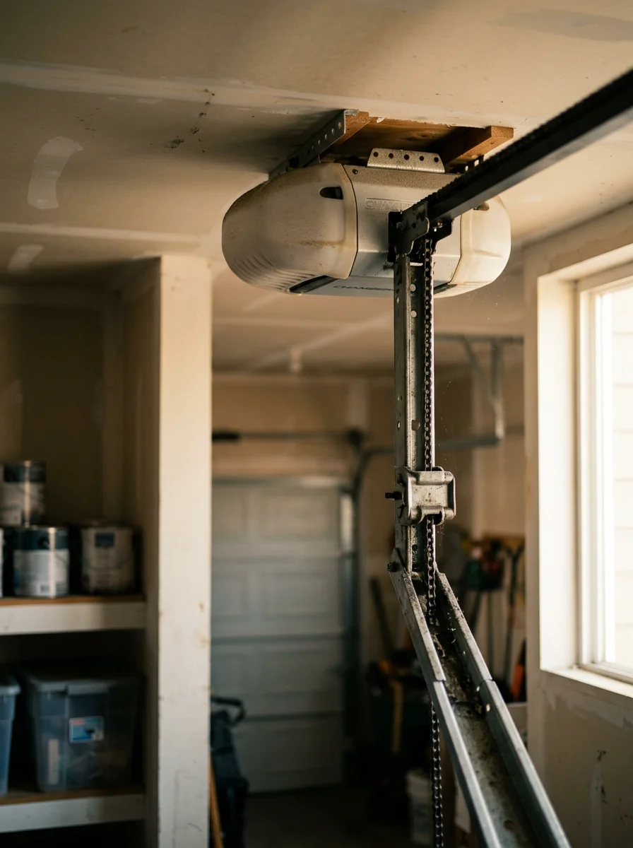 Builder-grade garage door opener unit mounted in a Firestone, Colorado attached garage, showing the motor housing and drive rail relevant to opener repair service.