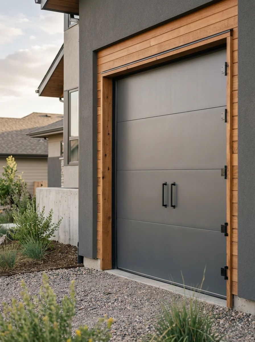 New insulated steel garage door installed on a post-Marshall Fire rebuild home in Louisville, Colorado, showing the panel face and hardware on a modern construction property.