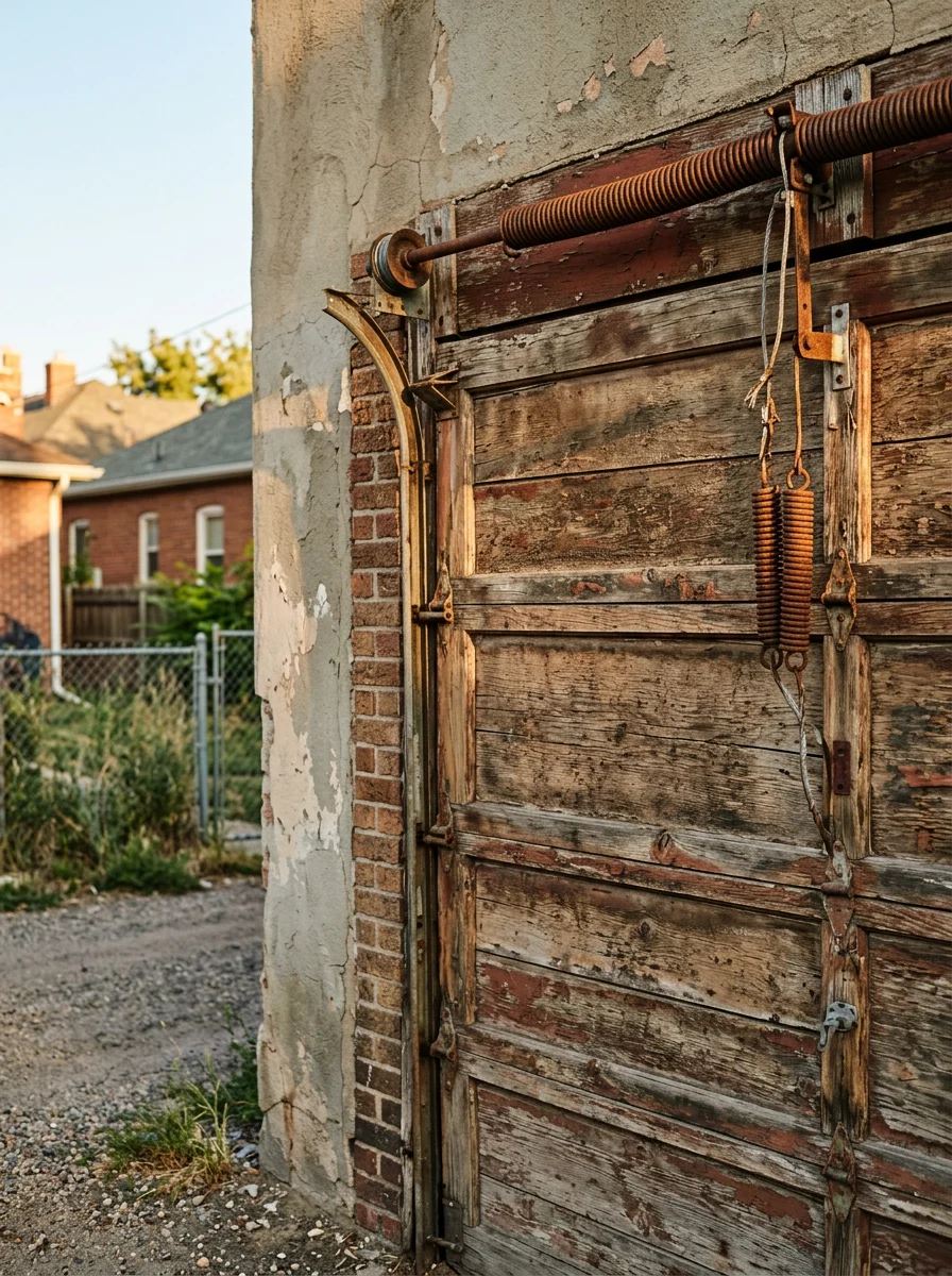 Old wooden garage door with worn extension spring hardware on a detached alley garage in the Sunnyside neighborhood of North Denver, showing the aging hardware relevant to spring and cable repair.