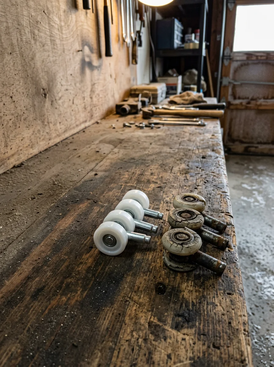 Worn nylon garage door rollers removed from an older Northglenn home door, showing cracking and flattening from years of Colorado freeze-thaw cycling.