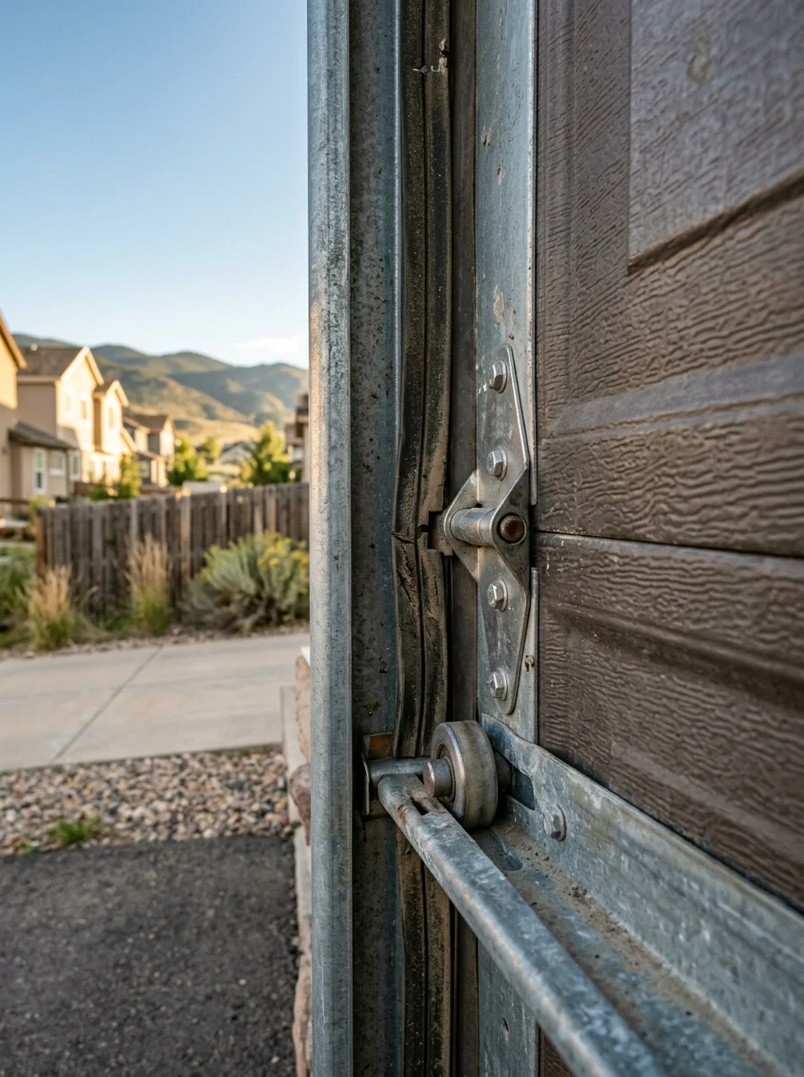 Garage door panel detail showing weather sealing and hardware in Colorado mountain community setting