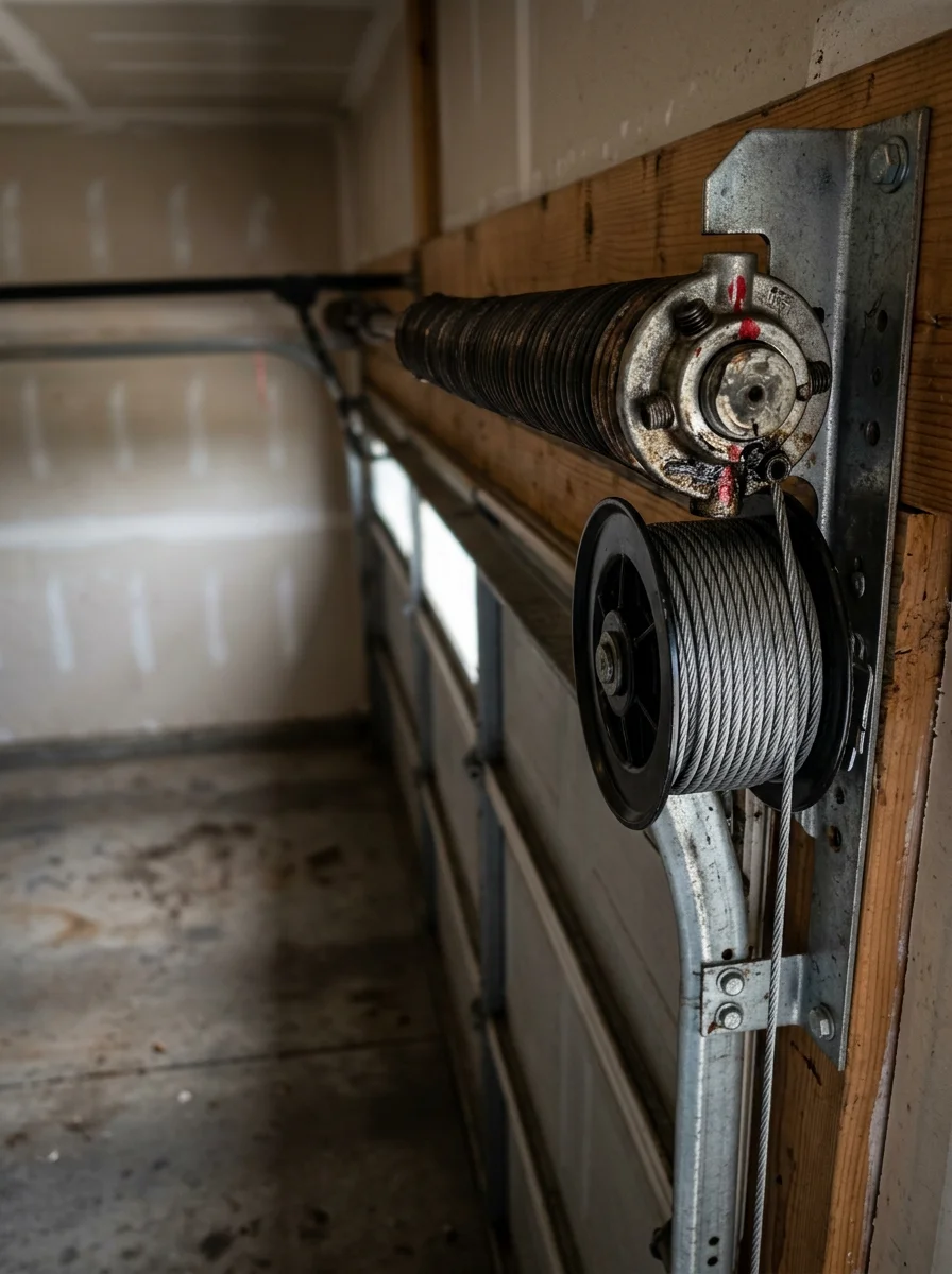 Close-up of a garage door cable drum and spring assembly on a north Thornton three-car garage door, showing the hardware detail relevant to spring repair service.