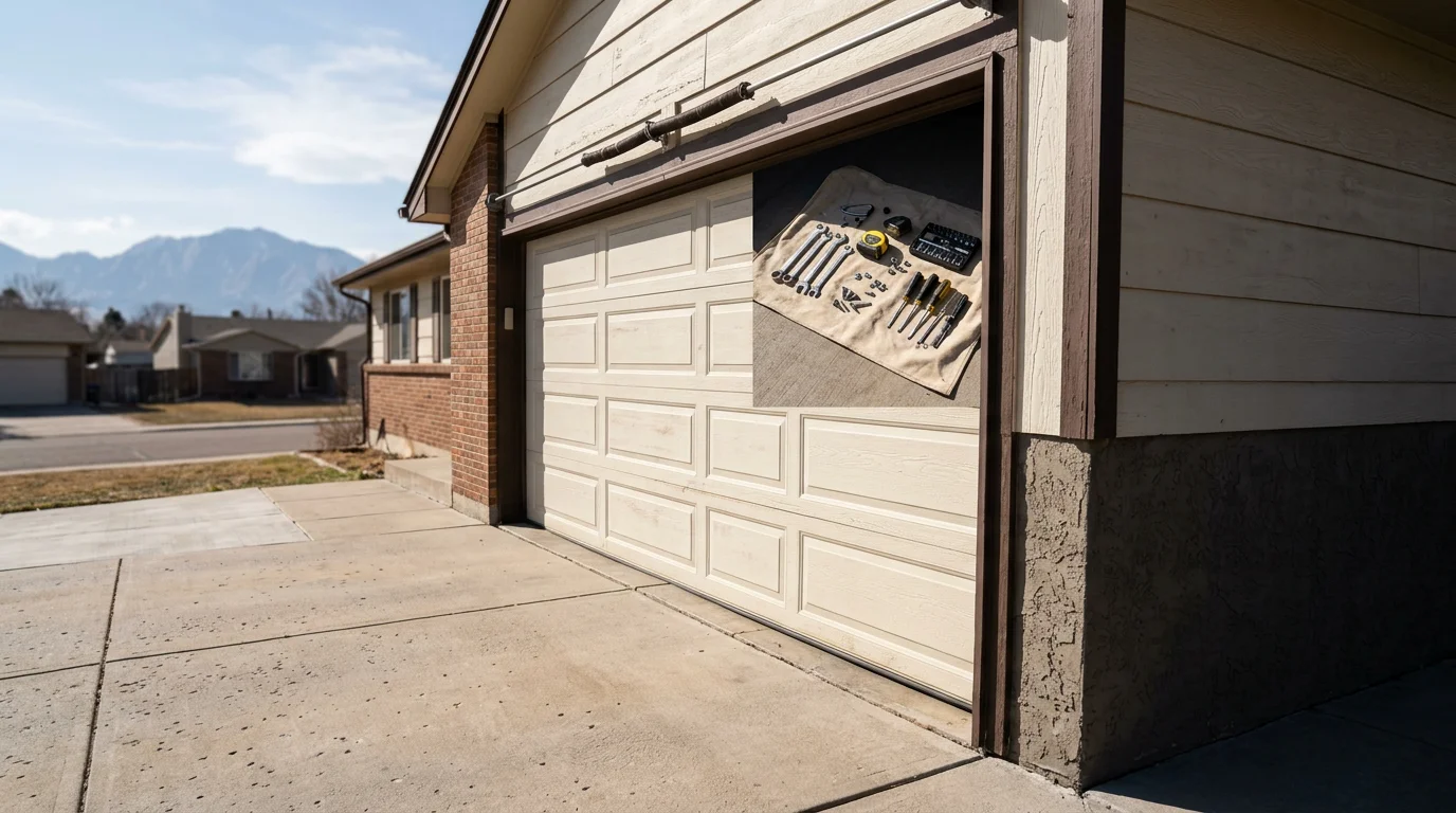 Technician inspecting a torsion spring on a two-car garage door attached to a ranch-style home in Thornton, Colorado, with a concrete driveway and Front Range sky in the background.