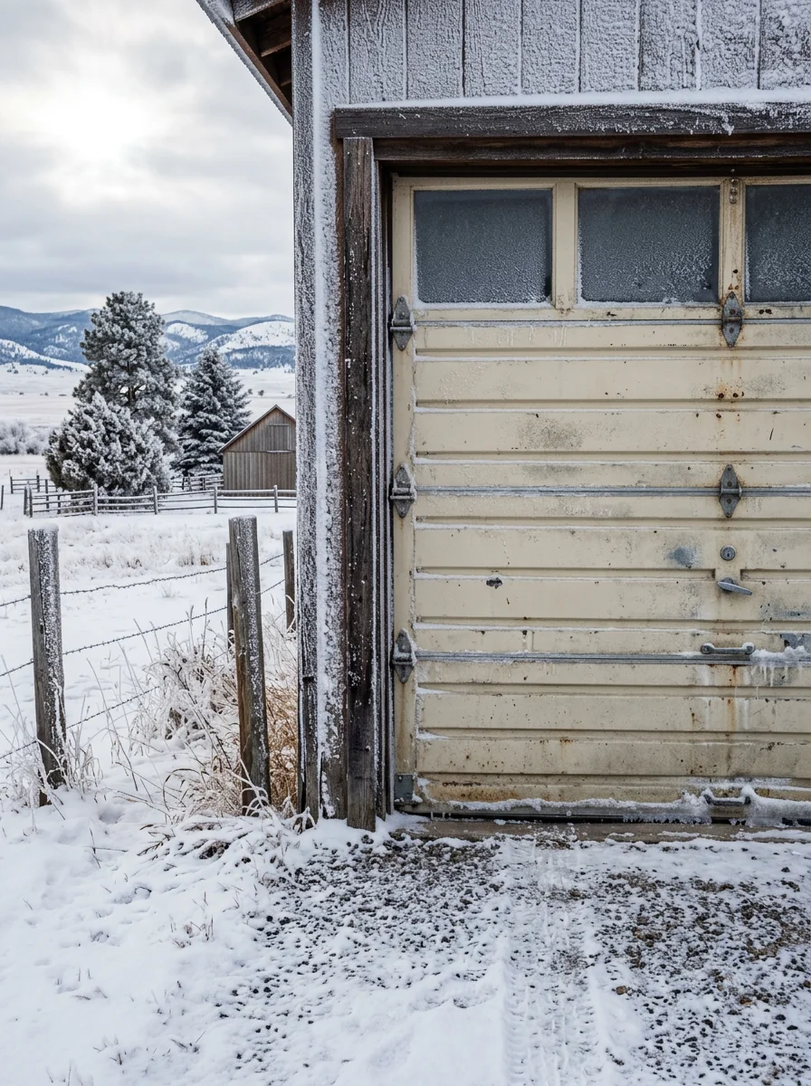 Garage door on rural Todd Creek property during winter with snow and frost visible on panels and driveway