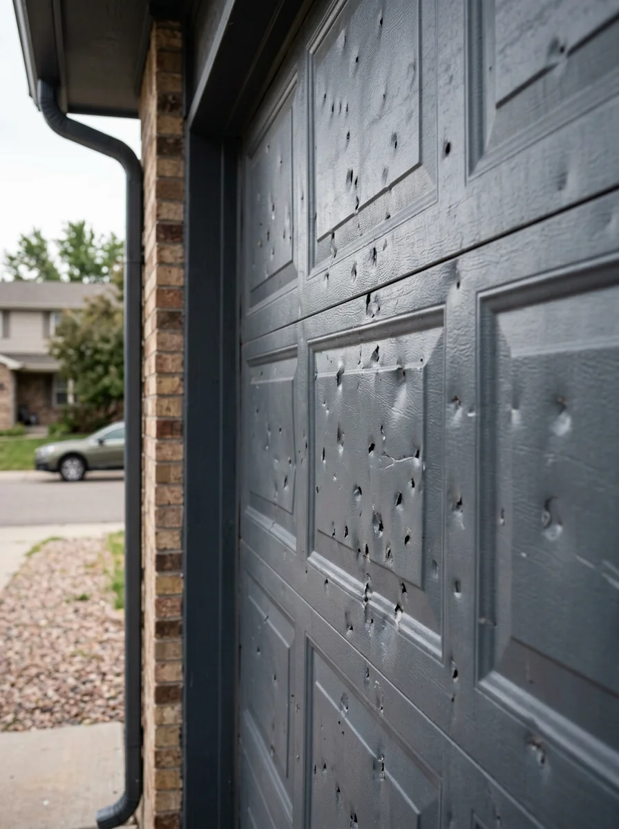 Hail-dented steel garage door panel on a Westminster home near the US-36 corridor, showing the type of panel damage common after Front Range hail events.