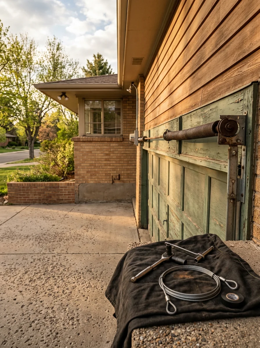 Technician inspecting garage door spring and hardware on mid-century home in Wheat Ridge