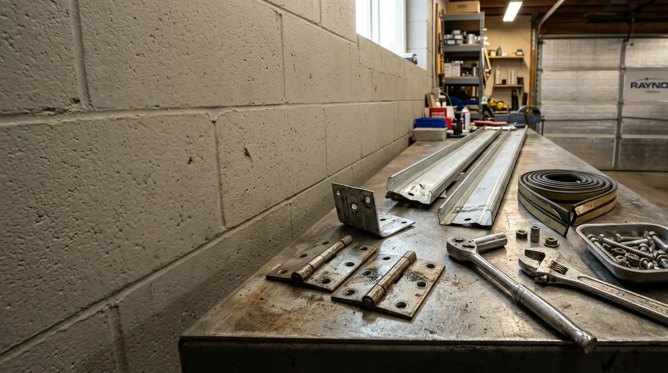 A garage door technician inspecting and tightening metal track brackets and hinges on a residential garage door in Thornton, Colorado. Close-up view shows hardware components being serviced along the vertical track inside the garage.