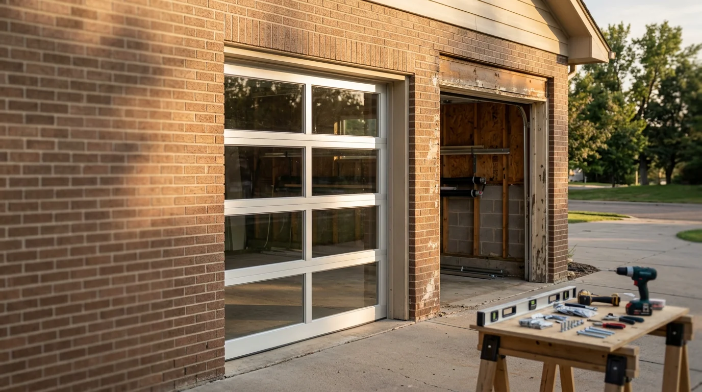 A newly installed residential garage door on a single-family home in Thornton, Colorado, with clean panel lines and a properly fitted frame. The door sits flush with the exterior wall, showing a complete installation ready for daily use.