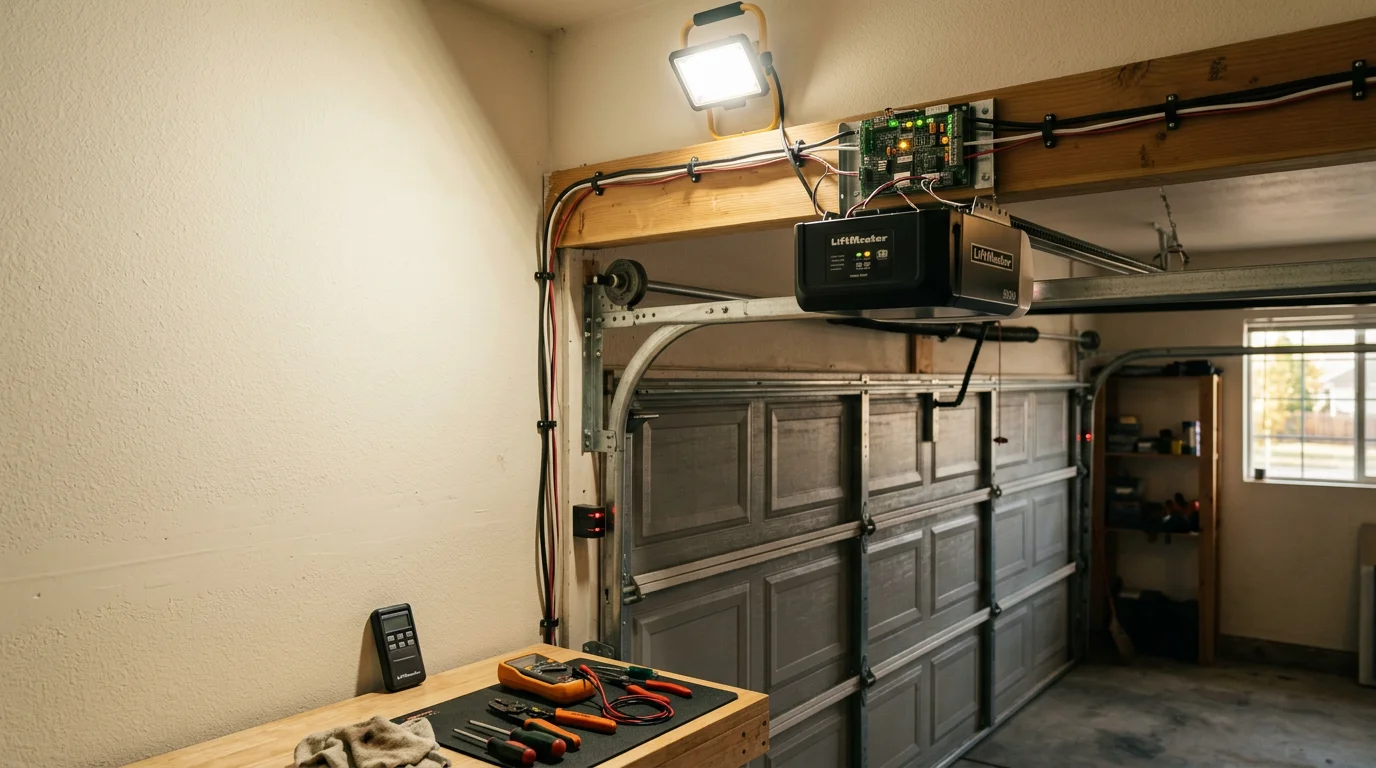 A newly installed garage door opener mounted to the ceiling of a residential garage in Thornton, Colorado, with the rail, drive mechanism, and safety sensors visible. The garage door is in the closed position below the unit.