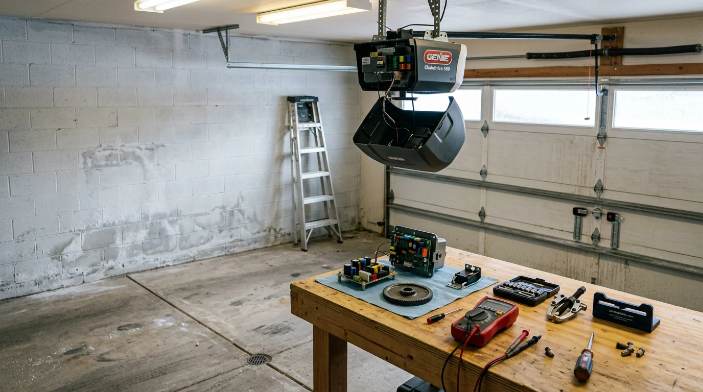 A residential garage door opener unit mounted to the ceiling of an attached garage in a Thornton, Colorado home, with the rail, trolley, and safety sensors visible. A technician inspects the motor housing and wiring during a repair visit.