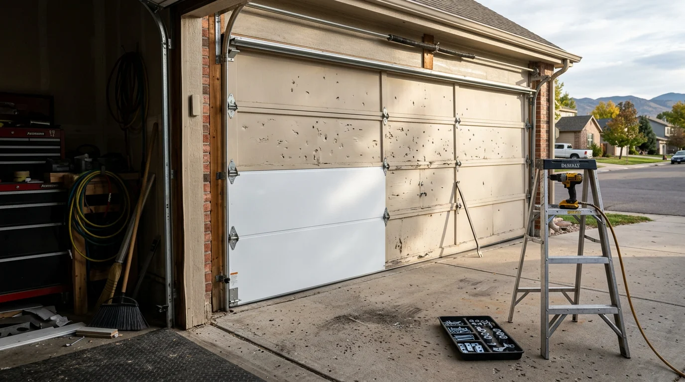 A technician installing a replacement garage door panel on a residential home in Thornton, Colorado. The repaired section sits flush with the surrounding panels, with no visible hail damage or gaps along the door face.
