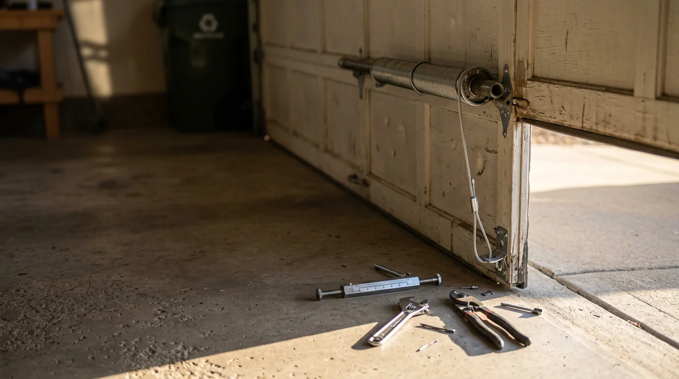 A residential garage door in Thornton, Colorado being inspected by a technician, with the door panels and spring hardware visible in a typical Front Range suburban driveway setting.
