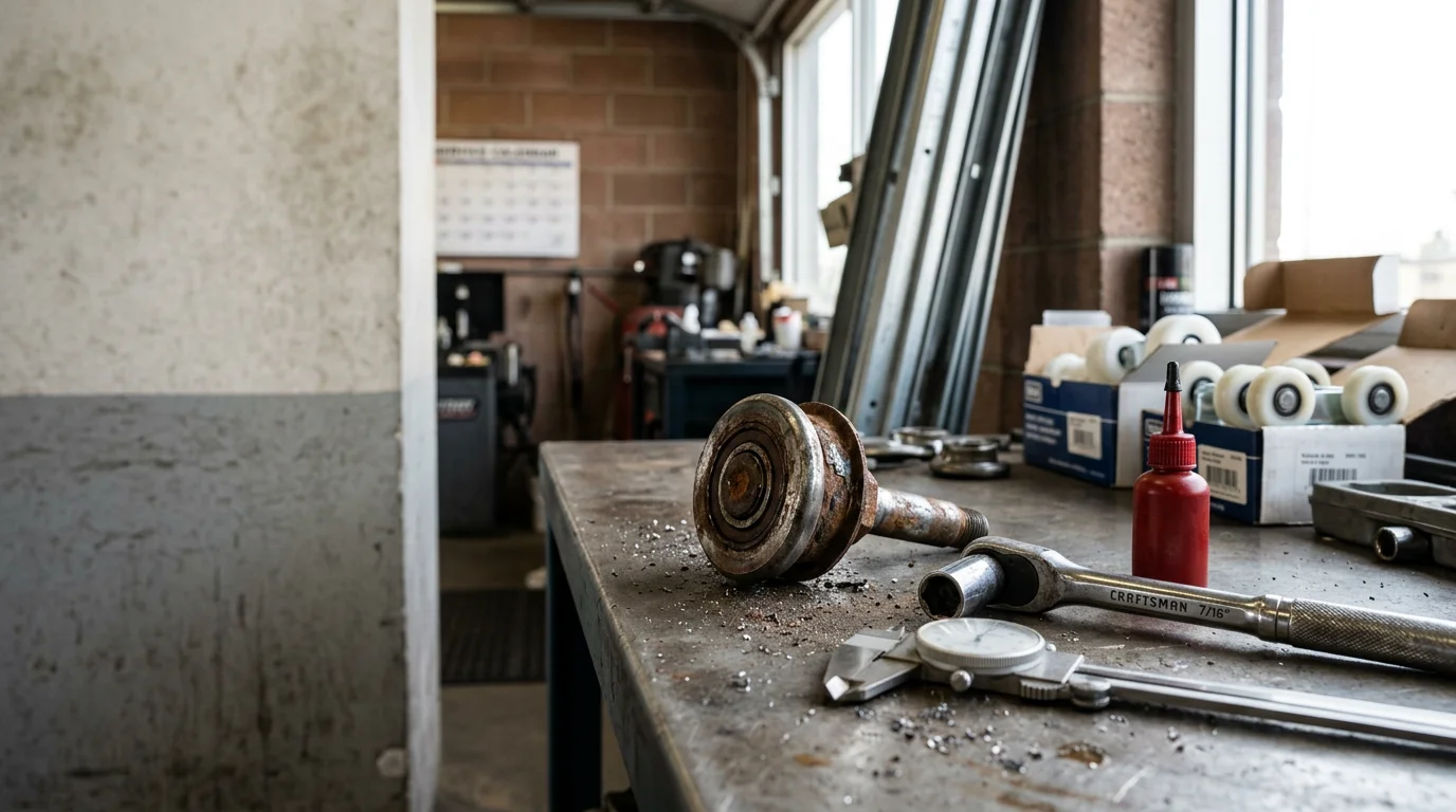 A close-up view of a garage door roller seated in a metal track on a residential home in Thornton, Colorado, showing the wheel and stem assembly in a repaired and properly aligned position. The surrounding track is clean and free of debris, with the door sitting level in the frame.