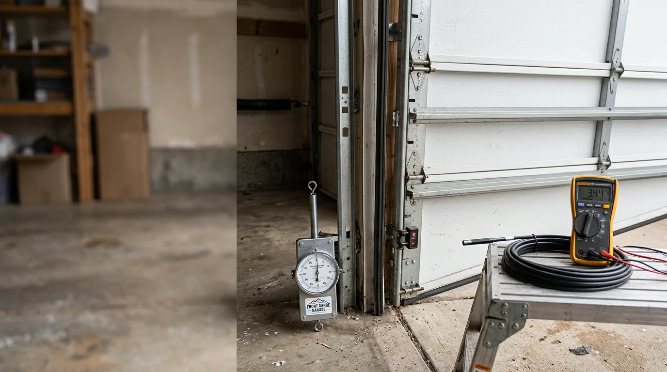 A technician inspecting the springs, cables, and safety sensors on a residential garage door at a home in Thornton, Colorado. The door is open and all mechanical components are visible during the safety check.